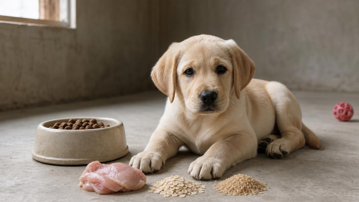 A Labrador puppy next to a kibble bowl, raw chicken, oats and brown rice.