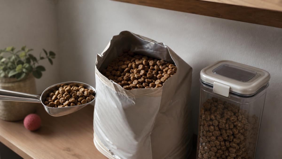 An open kibble bag, a scoop of kibble, and an airtight container on a pantry shelf.