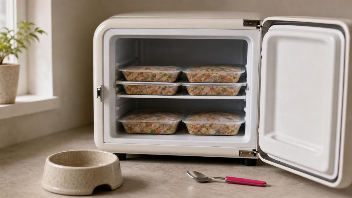 Pre-portioned fresh dog food packs on a fridge shelf with a dog bowl nearby.
