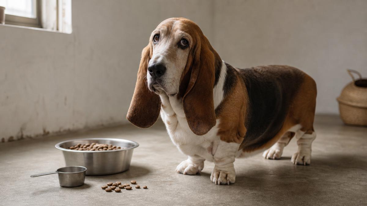 A Basset Hound beside a bowl of kibble with a measuring cup nearby.