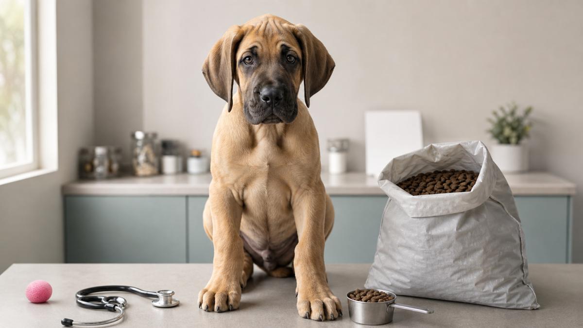 A large puppy sits by a kibble bag, stethoscope and scoop on a clinic counter.