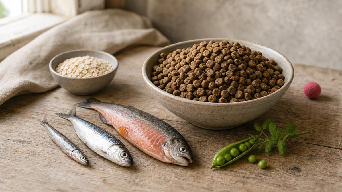 Kibble scoop beside anchovy, sardine, salmon, oatmeal bowl and peas.