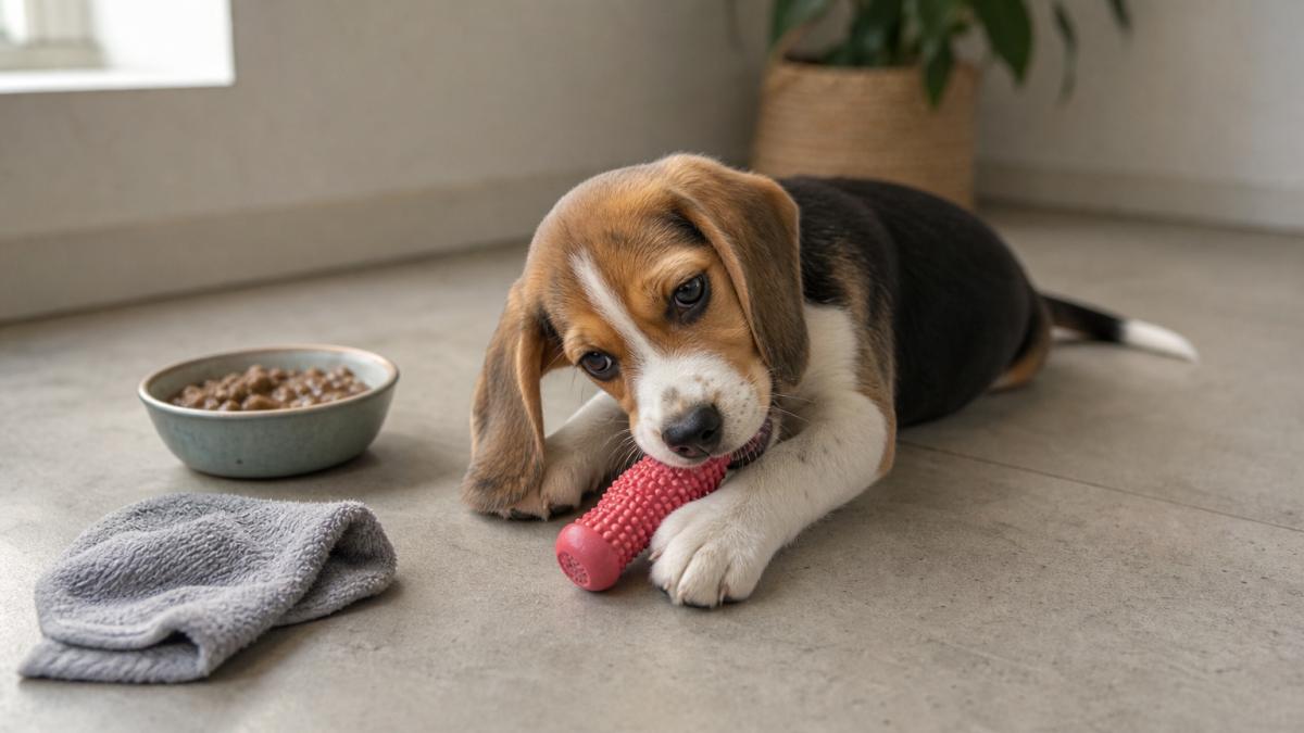 A beagle puppy chews a rubber toy beside a cold washcloth and soaked kibble.