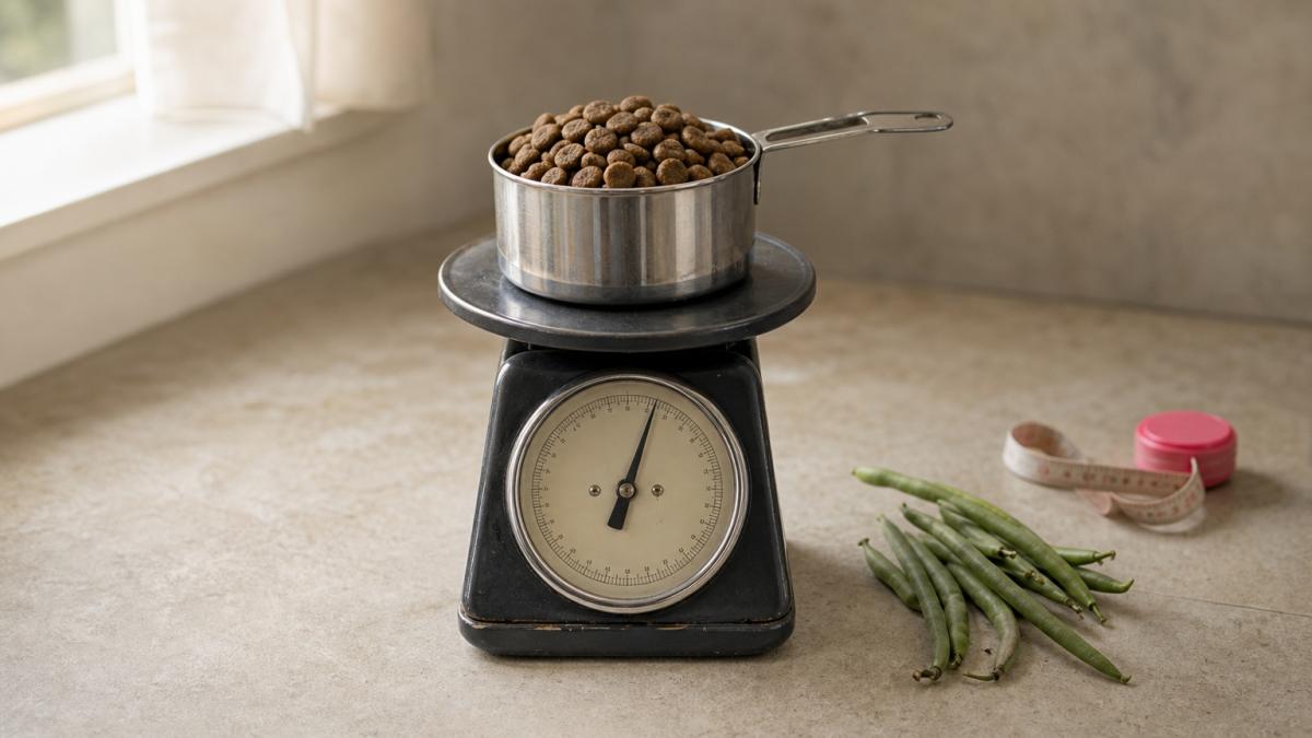 A kitchen scale with a cup of kibble, green beans, and a tape measure.